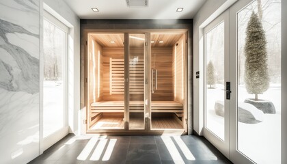 Scandinavian wooden sauna, with big window, Ai Generative.