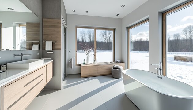 Modern and luxury bathroom interior, sunlight on the window. Ai Generative.