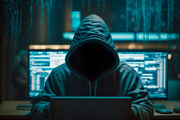 Dangerous hooded hacker breaks into company network cyber security concept.