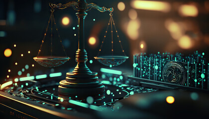 Law scales on background of data center. Digital law concept of duality of Judiciary, Jurisprudence and Justice and data in the modern world. Copy space. Based on Generative AI