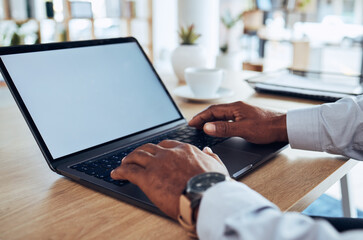 Man, hands and mockup on laptop keyboard, marketing space and planning online administration. Closeup worker, mock up computer screen and technology for research, seo or advertising placeholder