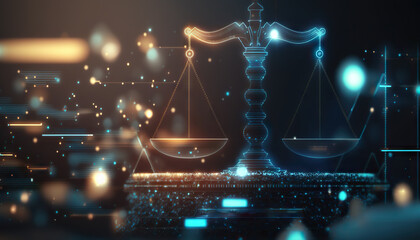 Law scales on background of data center. Digital law concept of duality of Judiciary, Jurisprudence and Justice and data in the modern world. Copy space. Based on Generative AI - obrazy, fototapety, plakaty