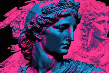 Antique statue in vaporwave and cyberpunk style. Generative backdrop