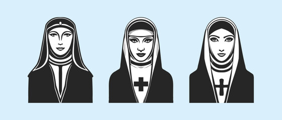 Vector set of monochrome black and white beautiful nice nuns. Stickers, logos or icons. Religion and culture.