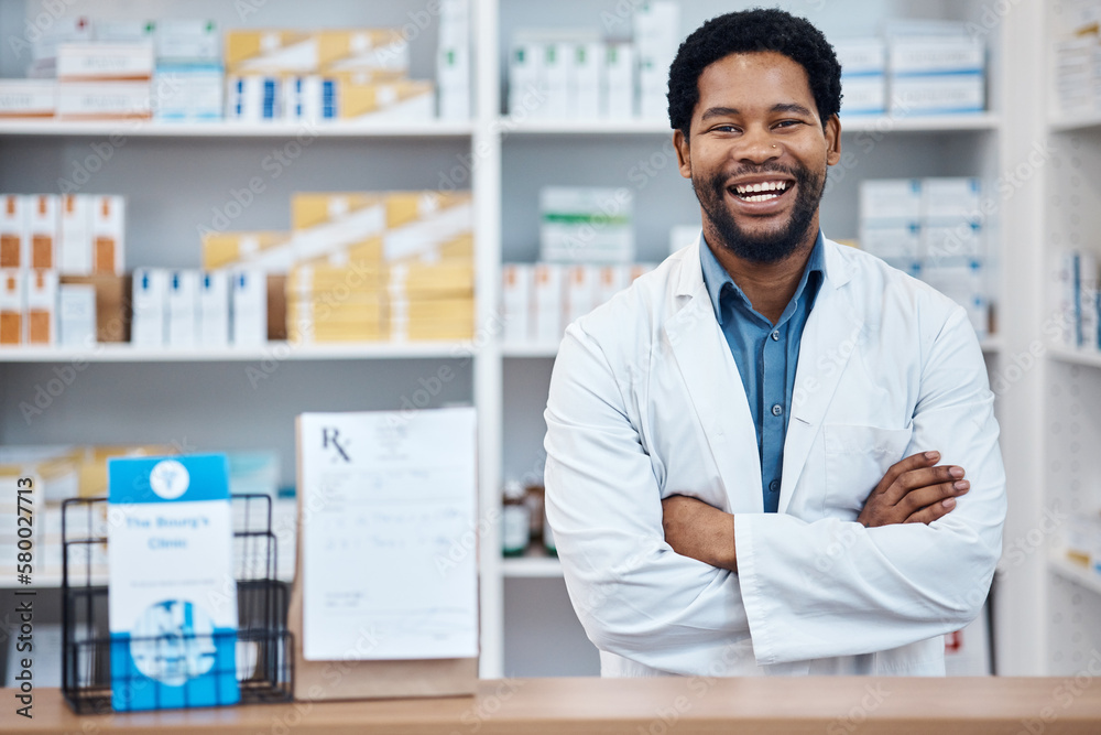 Wall mural Pharmacy portrait, medicine package and happy man in drugs store, pharmaceutical shop or healthcare dispensary. Hospital retail product, stock pills and African pharmacist for medical help support