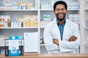 Pharmacy portrait, medicine package and happy man in drugs store, pharmaceutical shop or healthcare...