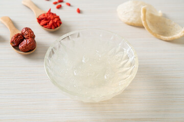 Edible bird's nest soup in glass bowl