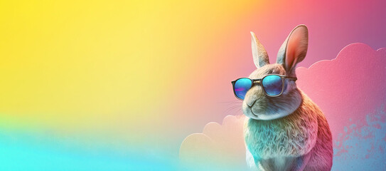 Cool bunny with sunglasses, colorful background. Happy Easter card. Generative AI