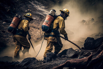 Fototapeta premium Firemen working hard to put out the bush fires, ai generative