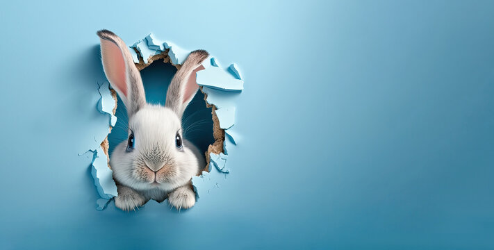 White bunny peeking out of a hole in a blue wall. Easter rabbit banner. Generative AI