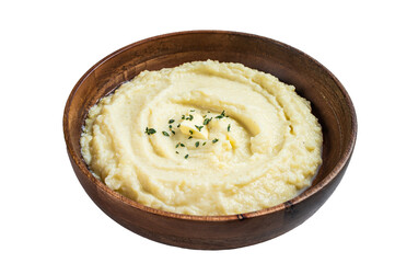 Boiled potato puree, Mashed potatoes  in a wooden plate.   Isolated, transparent background