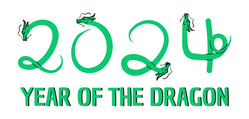 Year of Dragon 2024. Chinese New Year hand drawn symbol in numbers shapes. Green doodle elements and black outline. Vector illustration isolated on white