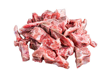 Raw meat on the bone diced for stew.  Isolated, transparent background
