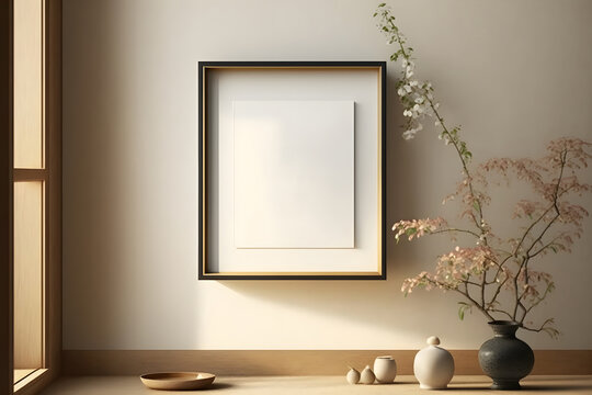 Rectangular vertical frame mockup in Japanese style interior with plants on empty wooden floor. 3d illustration, generative AI
