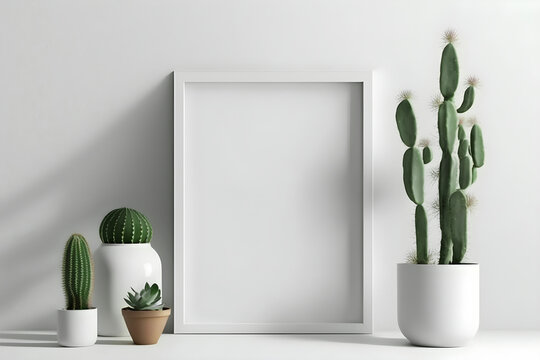 Rectangular vertical frame mockup in scandi style interior with green succulents and cactus on a floor and near empty neutral white wall background. 3d illustration, generative AI