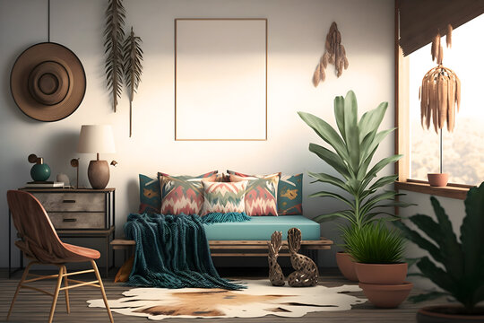 Square vertical frame mockup in boho style bedroom interior with trailing green plants, window, sofa and chair and on a wooden floor. 3d illustration, generative AI