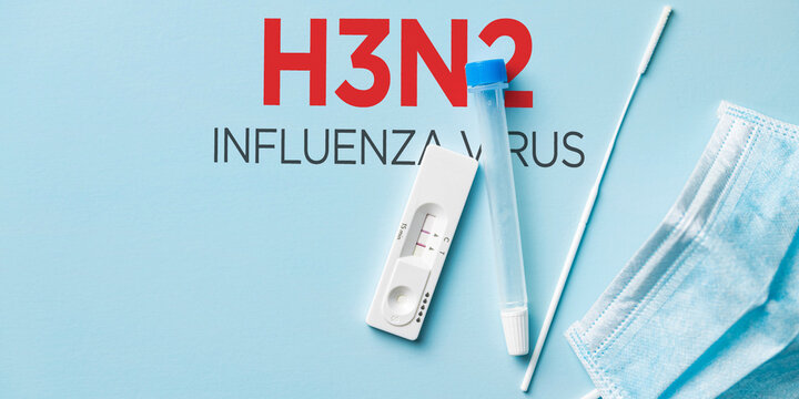 H3N2 influenza virus text with medical kits, top view. H3N2 awareness concept.