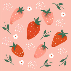 Abstract summer strawberry background. Various color combinations of strawberries, leaves and flowers, doodle. Flat design, hand drawn, banner, cover. Home decor pattern.  Vector illustration.