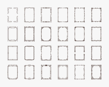 Decorative frames. Vintage ornate rectangular frames with vignette. Art deco modern frames. Interlacing elements and swirls. Plant design, retrofuturism, ethnic, antique, wedding. Isolated vector set.