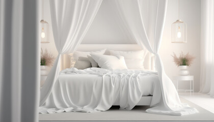 Fototapeta na wymiar Cozy bedroom interior with white bed. Comfort and relax concept. Indoor background with copy space. AI generative image.