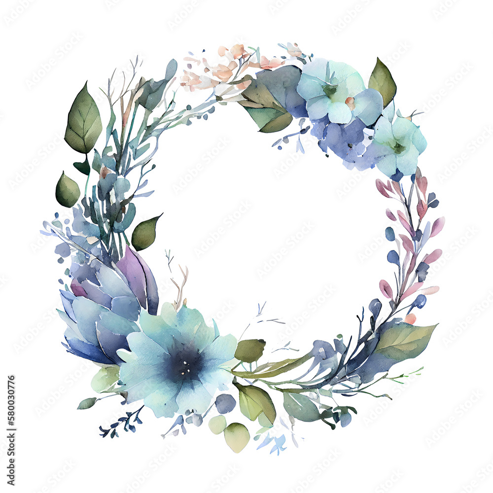 Wall mural Watercolor blue floral wreath isolated on white. flowers round border. Generative AI