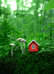 miniature red Toy house and mushrooms in mystery forest, dark natural background. Symbol of family. Eco Friendly Home. Fairy tale house in beautiful green woodland, pixie or elf home. atmosphere image
