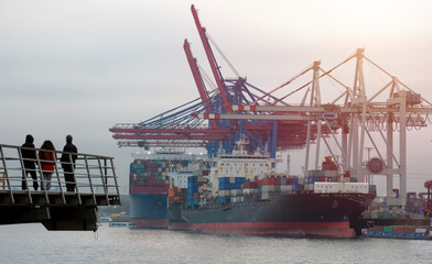 Hamburg, Germany - 03 01 2023: Container terminal in Hamburg. People from the shore watch how the ship is being loaded at the container terminal. © I am from Mykolayiv