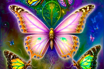 Butterfly and butterfly wings on colorful background. Digital painting.