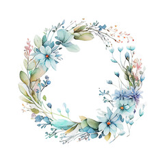 Fototapeta premium Watercolor blue floral wreath isolated on white. flowers round border. Generative AI