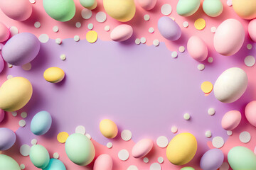 easter eggs background , pastel color decorated eggs. generative ai