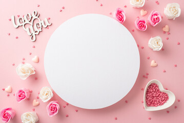 Mother's Day celebration concept. Top view photo of white circle small roses inscription love you and heart shaped saucer with sprinkles on isolated pastel pink background with copyspace