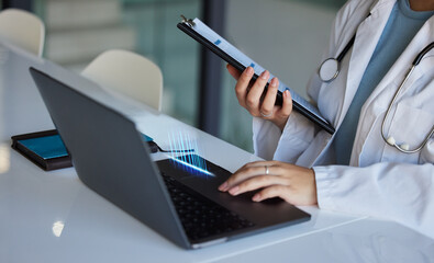 Hospital, computer stats overlay and woman hands of a doctor working with research data. Medical, healthcare and wellness professional with graph hologram of medicine statistics with paperwork