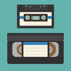 illustration of vhs cassette and audio cassette retro tech 90s 80s nostalgia