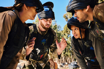Planning, paintball team or hands in huddle for strategy, hope or soldier training on war battlefield. Mission, game or serious army people speaking for support, collaboration or military group - obrazy, fototapety, plakaty