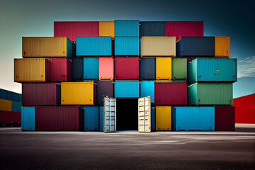 Fototapeta premium Stack of colorful Containers in port. Sea cargo Freight Shipping of Container Logistics Industry. Nautical Transport Distribution Yard, Business Commercial Dock. AI.