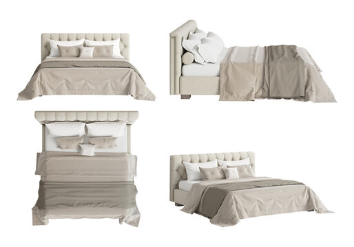 A set of four views of a beige bed with pillows, textile headboard, and blanket. Top view, perspective view, front view, side view. 3d render