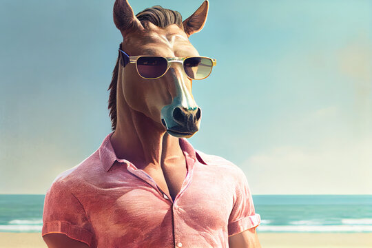 Handsome horse at the beach ocean view. Funny Summer vacation, holidays concept. Generative AI.