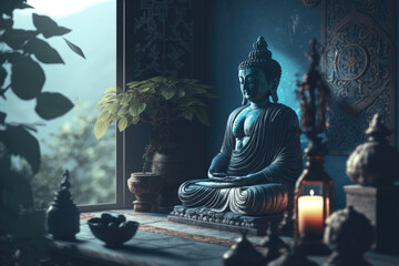 Meditation space: Blue interior with Buddha and other meditation equipment in a calm atmosphere | Generative AI Production