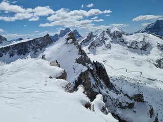 Majestic view from the mountain hut Nuvolau in the Italian Dolomites. Ski touring in a wonderful winter landscape