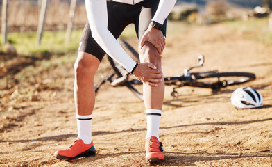 Injury, fitness and man with knee pain while cycling, cramp or inflammation during countryside...