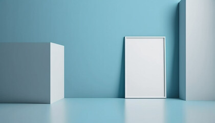 Baby blue background with a podium and white frame blank poster mockup on the floor. Generative AI