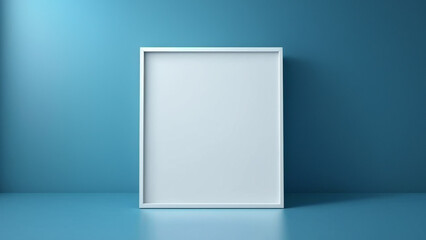 Blank white frame mockup standing at blue pastel wall background. Generative AI
