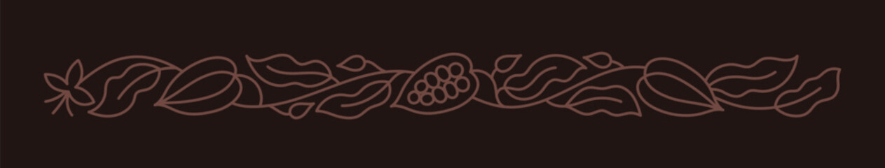 Cocoa bean horizontal line ornament. Chocolate pack background. Beans and branches leaves. Vector editable outline stroke.