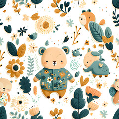 Cute bear forest animal seamless pattern design for kids