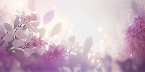 Dreamy pastel-colored banner with lilac branches. Created with Generative AI.
