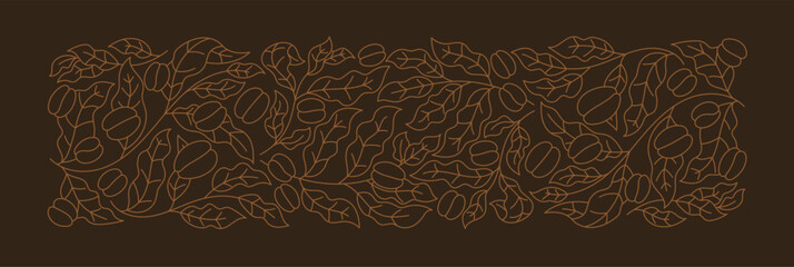 Coffee branches background. Beans and leaves. Coffea plant pattern. Wrapping paper. Editable outline stroke. Vector line. Pack design.
