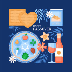 Passover holiday greeting card design with matzah, Seder plate, wine and spring flowers. Vector illustration