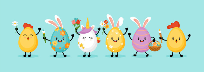 Easter holiday banner design with eggs bunny, chick and unicorn funny cartoon characters. Vector illustration