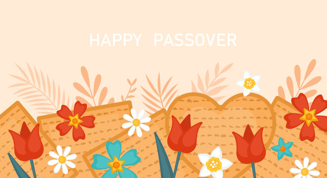 Passover  holiday banner design with matzah and spring flowers. Vector illustration