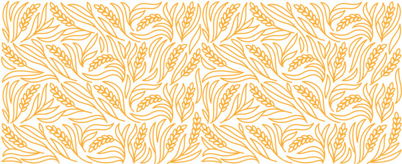 Cereal pattern for bakery. Spikelets and ears of wheat, rye or barley. Editable outline stroke. Vector line. - 580038372